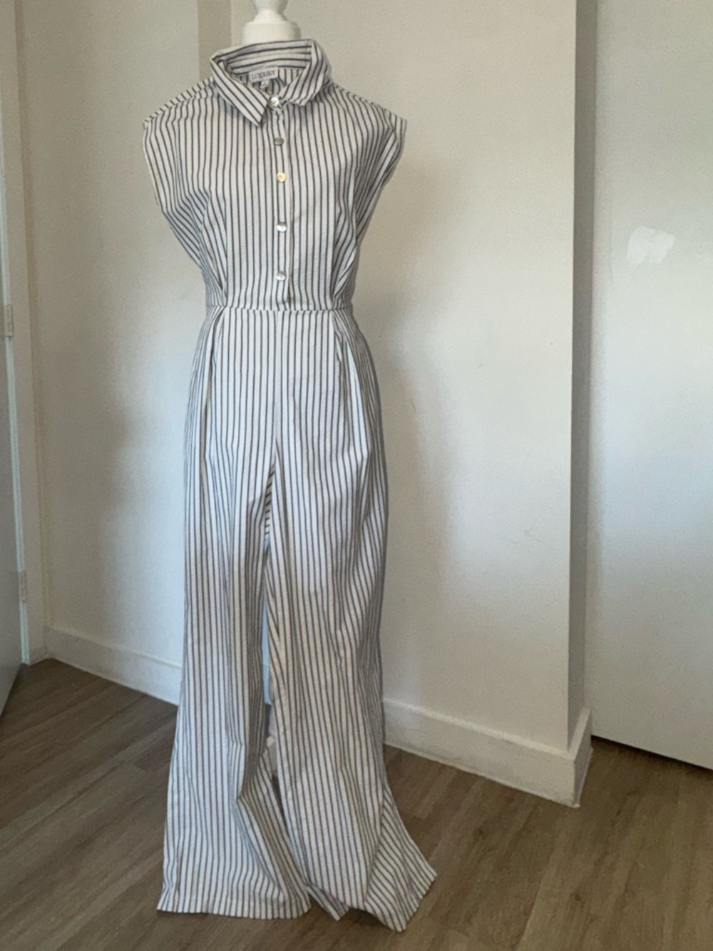 Luxology Striped Collared Wide-Leg Jumpsuit - White & Blue
